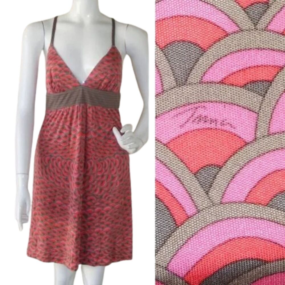 TRINA TURK Summer Dress, 2, Silk, Signed, Pink, Red, Brown, Taupe, Crossed back